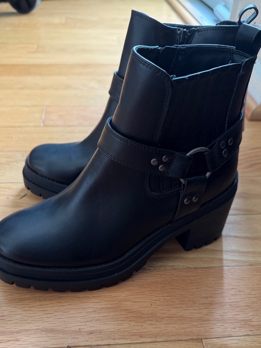 bp Black Chunky Heel Harness Ankle Boots